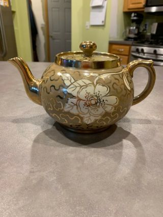 Vintage Gibsons Staffordshire England Teapot Gold Embossed Floral Tan Brown Whi
