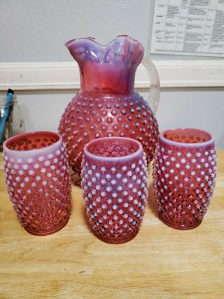 Fenton Cranberry Opalescent Hobnail Pitcher And 3 Glasses