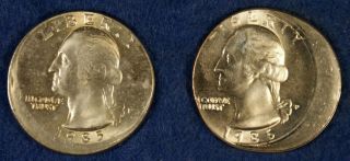 1985 - P 25c Washington Quarter Off Center/mistruck Error Coins - 2 Examples