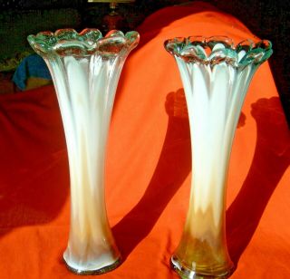Vintage Pair Large Hand - Blown Stretch Pulled Art - Glass Ruffle - Top Vase 16 - 1/4 "