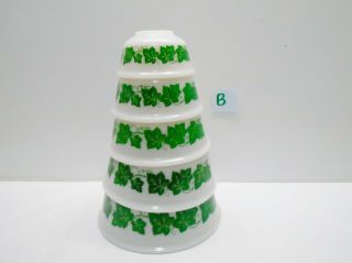 Vintage Set Of 5 Hazel Atlas White Milk Glass Green Ivy Mixing Bowls Nesting B