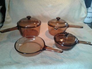 7 Pc Corning Ware Visions Pyrex Sauce Pans Skillet Cookware Amber