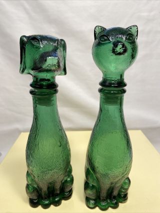 Empoli Cat & Dog Bottle Green Emerald Glass Italian Italy Vintage Mid Century