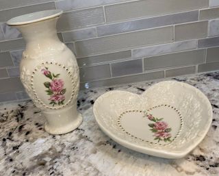 Lenox Rose Manor Heart Shaped Porcelain Candy Trinket Dish And Vase