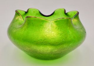 Antique Loetz (?) Art Nouveau Iridescent Green Oil Spot Ruffled Rim Bowl Dish 6”