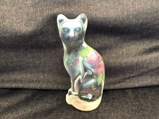 Fenton Art Glass Stylized Cat Figurine Handpainted Artist Signed Zile Opalescent