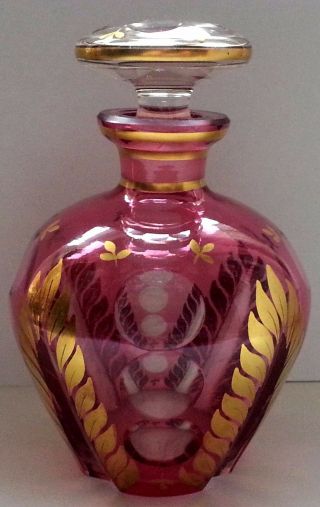 Vintage Cranberry Red Gold Glass Perfume Cologne Large Bottle & Stopper
