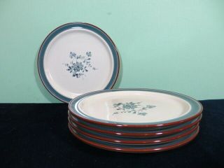 Set Of 5 Noritake Stoneware Pleasure 8 1/4 " Salad Plates Blue Floral 8344 Euc