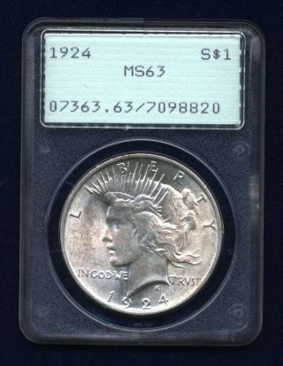 U.  S.  1924 Peace Silver Dollar Brilliant Uncirculated,  Certified Pcgs - Ms63