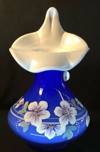 Fenton Art Glass Hand Painted White Flowers On Cobalt Overlay Tulip Vase Qvc