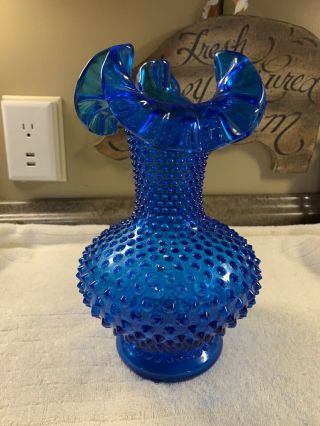 Vintage Fenton Cobalt Blue Ruffled Hobnail Vase 10 - 1/2”