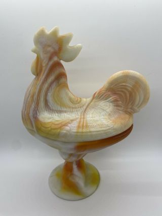 Vtg Kanawha Orange White Slag Glass Rooster Standing On Log Covered Dish