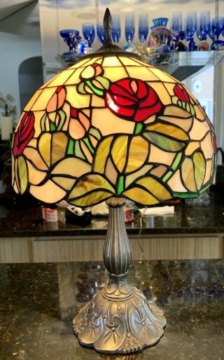 Tiffany Style 19 " Rose Stained Glass Table Lamp W/ 12 " Shade Flowers Red & Pink