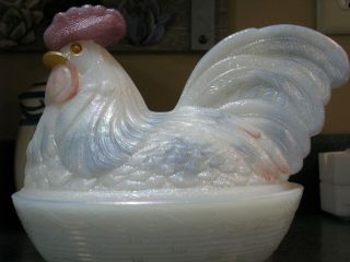 Fenton Art Glass Milk Glass Covered Chicken / Hen On Nest.  Hand Painted Signed.