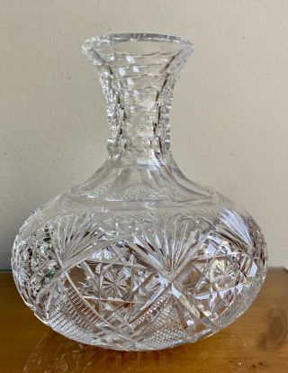 Signed Hawkes American Brilliant Cut Glass Carafe Fans,  Stars,  Honeycomb Neck
