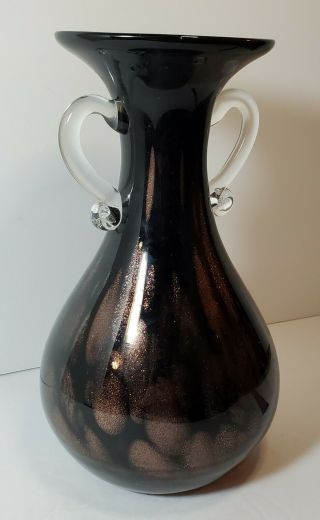 Murano Blown Glass Vase Black Gold Flecked Clear Applied Handle 11 "