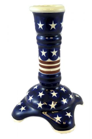 Polish Pottery Starts And Stripes Footed Tall Candlestick 7 " X 4 " X 4 "