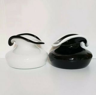 Hand Blown Glass Abstract Vases Ruffled Trim Edge Black White Set Of Two