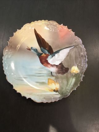 Vintage " B&h Limoges France " Hand Painted 10” Charger Plate Mallard Duck C90