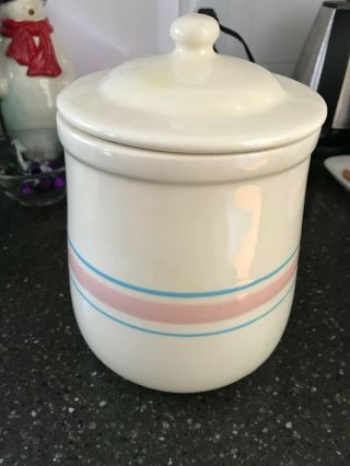 Vintage Mccoy Cookie Canister / Pottery Cream / Pink & Blue Stripes With Lid