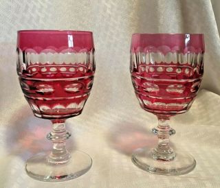 Val St Lambert Blarney S/2 Footed Beverages Pink Cut To Clear Cystal Bohemian