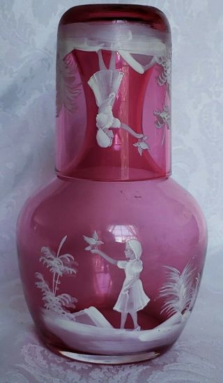 Fenton Mary Gregory Cranberry Tumble Up Bedside Water Set Carafe & Tumbler Real