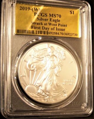 2019 (w) Silver Eagle Pcgs Ms70 First Day Issue Struck At West Point Gold Foil
