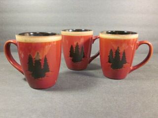 Set Of 3 Clay Art Lodge Mugs Coffee Cups Cabin Decor Red Black Rustictrees