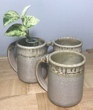 3 Hand Thrown Folk Art Pottery Coffee Mug Cup Natural Glazed Finish 4.  5”