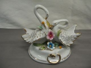 Capodimonte Italy Double Swans White W/gold Accents 4 1/2 " Height Vgc