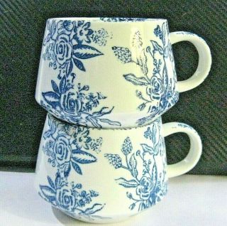 Grace Fine Porcelain Tea Coffee Cups Mugs Blue & White Floral Set Of 2
