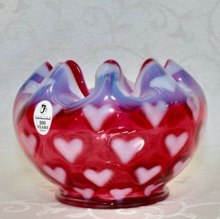 Fenton,  Rose Bowl,  Cranberry Glass,  Heart Optic Opalescent Glass.