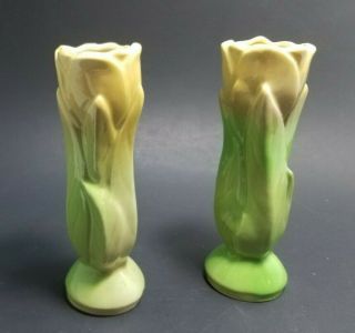 Vintage Shawnee Pottery Set Tulip Bud Vases Candle Holders Usa 1115 Yellow 5 "