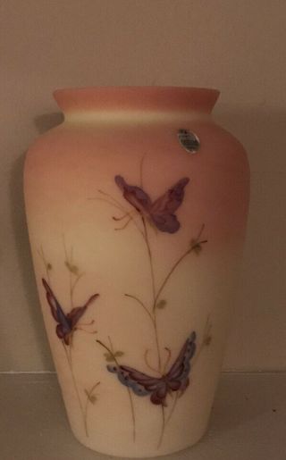Fenton Hand Painted & Signed Burmese Vase With Butterflies