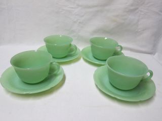 Fire King Jadeite Alice Floral Tea Cup And Saucer Set Of 4