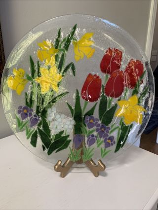 Peggy Karr Floral 13.  75 " Fused Glass Serving Platter Signed Tulips & Daffodils