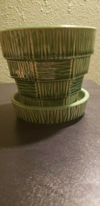 Vintage Green Mccoy Pottery Basket Weave Planter Flower Pot Green Usa 4”