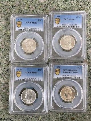 1939 25c Silver Washington Pcgs Ms64/ms63/unc Details 4 Coins