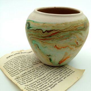 Vintage Nemadji Pottery Usa Vase Bowl 4 " Orange Green Bisque Clay Swirl