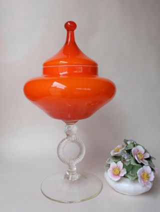 Cased Orange Footed Jar Mcm Empoli Italian Art Glass Apothecary Bon Bon 1960’s