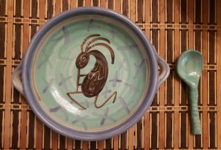 Studio Art Pottery Talavera Style Kokopelli Salsa/dip Cereal Bowl And Spoon