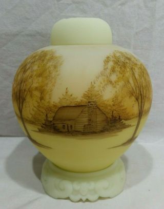 Fenton Art Glass Hand Painted Log Cabin Custard Ginger Jar,  Lid And Base