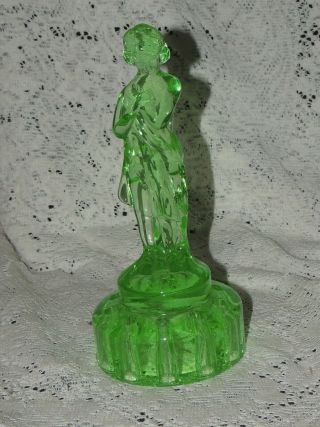 Cambridge Draped Woman Charlotte Green Uranium Vaseline Glass Flower Frog 9”