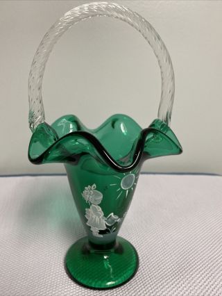 Fenton Art Glass Mary Gregory Emerald Green Glass Basket Signed