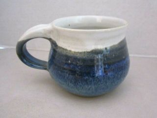 Ceramic Studio Pottery Mug Cup.  White & Blue Glaze.  Artist Signed.  Parker?
