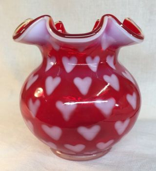 Fenton Art Glass Ruby Red Opalescent Rose Bowl With Heart Optic