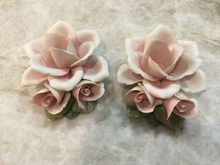 Capodimonte Italy Porcelain Rose Flower Candle Holders,