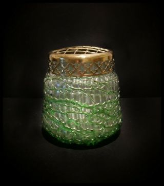 Art Nouveau Loetz Kralik Iridescent Threaded Glass Vase With Brass Cover