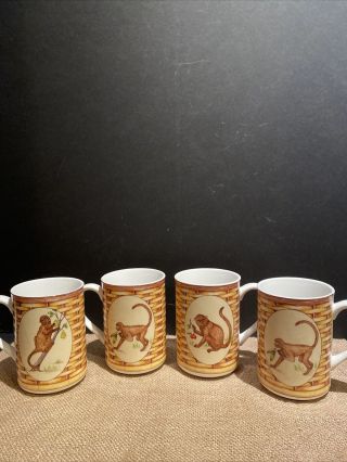 Monkey Coffee Cups American Atelier Set Of 4 Porcelain Mugs
