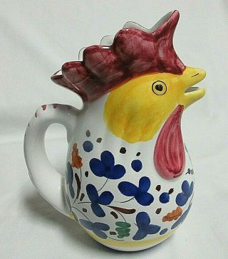 Vtg Ceramic Hand Painted Rooster Pitcher /cobalt Blue Flowers 8 " Made In Italy